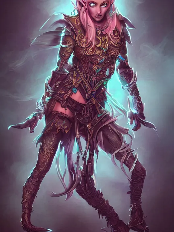 Prompt: full body front view portrait of a female elven pirate, character design, correct anatomy, concept art, digital illustration, ray tracing, ultra detailed, fantasy, neon lighting, intricate and highly detailed, coloured with lots of colour, pose, fantasy, sharp focus,