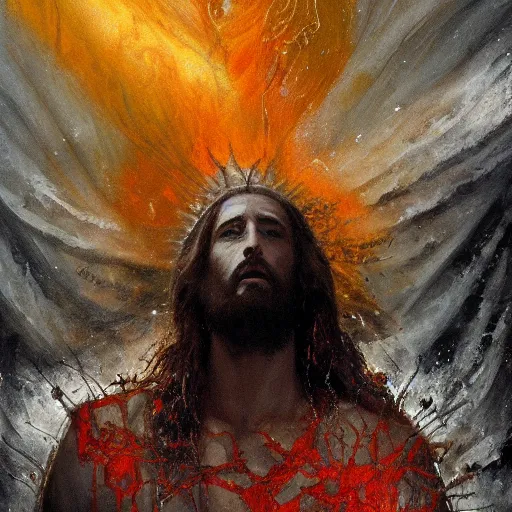 Prompt: painting of Jesus descending into a dark abyssal chasm, surrounded by a vivid silver light, flowing royal robes with goly inlay, crown of thorns spotted with blood upon his head, stern expression with a chiseled jaw and fiery eyes, by Jeremy Mann, stylized, detailed, realistic, loose brush strokes, intricate, beautiful