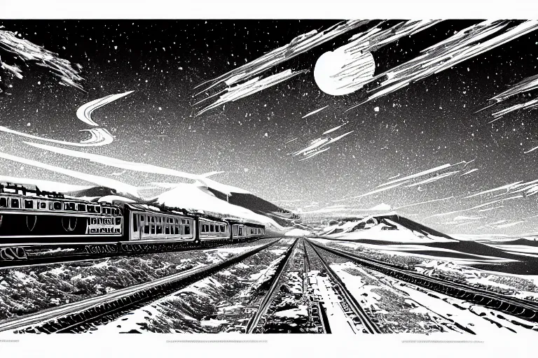 Image similar to trans - siberian express train ultrafine drawing by joe fenton and syd mead and p. craig russell and barry windsor - smith, artstation, 4 k, graphic novel, concept art, matte painting, beautiful russian winter landscape sunset background, golden hour, art nouveau, sharp