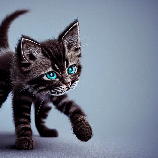 Image similar to full body pose, hyperrealistic photograph of a monster kitten, dim volumetric lighting, 8 k, octane beautifully detailed render, extremely hyper detailed, intricate, epic composition, cinematic lighting, masterpiece, trending on artstation, very very detailed, stunning, hdr, smooth, sharp focus, high resolution, award, winning photo, dslr, 5 0 mm