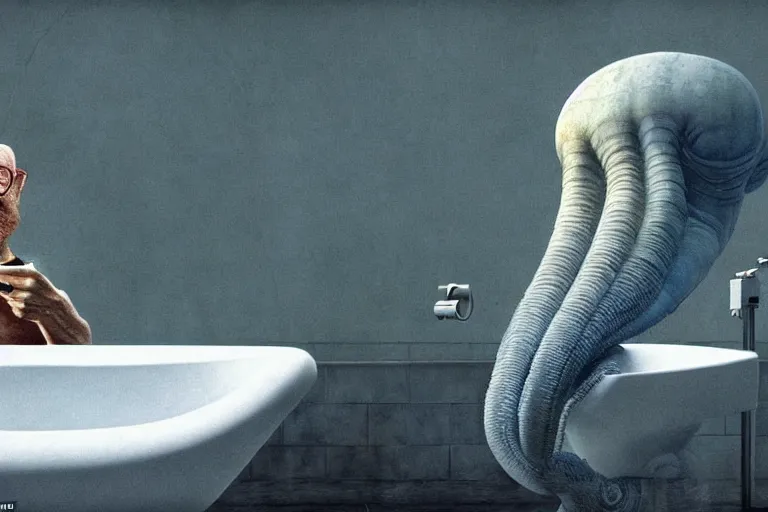 Image similar to hyperrealism aesthetic ridley scott and caravaggio and denis villeneuve style photography of a detailed giant squidward, siting on a detailed ultra huge toilet and scrolling his smartphone in surreal scene from detailed art house movie in style of alejandro jodorowsky and wes anderson