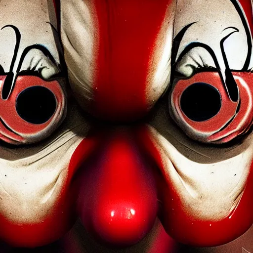 Prompt: distorted clown with bloody eyeballs, scary stories to tell at night