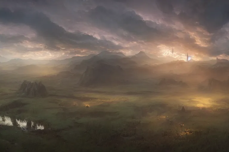 Prompt: aerial view, cinematic fantasy painting, dungeons and dragons, a faerie village, swamp wetland marsh estuary, with sunset lighting ominous shadows by jessica rossier and brian froud cinematic painting