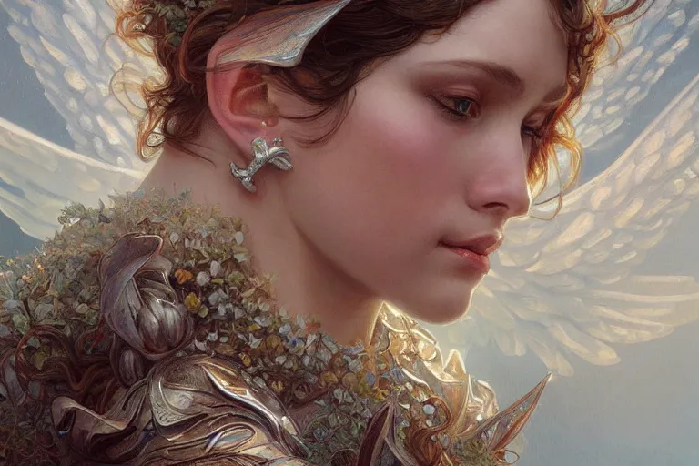 Prompt: close up portrait of beautiful angel, d & d, face, fantasy, intricate, elegant, highly detailed, digital painting, artstation, concept art, smooth, sharp focus, illustration, art by artgerm and greg rutkowski and alphonse mucha