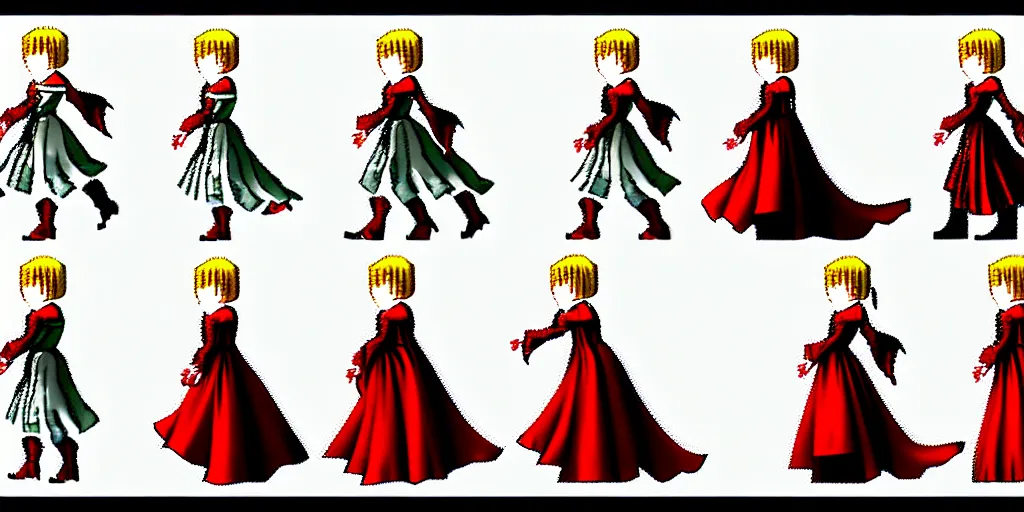 Image similar to walking cycle sprite sheet of a girl in a renaissance dress, walking to the right, each sprite is a different frame of the animation, in the style of final fantasy games, side view of her taking steps, accurate walk cycle, walk cycle, walk cycle, red and white dress