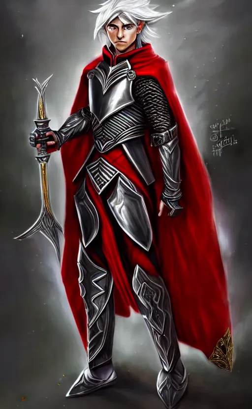 Image similar to A male elf, 20 years old, short silver hair, red eyes, black heavy armor with gold trim, red cape, lean but muscular, attractive, command presence, royalty, weathered face, smooth, sharp focus, illustration, concept art, highly detailed, muscle definition, fantasy paitning, ArtStation, ArtStation HQ