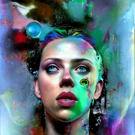 Prompt: drunken scarlett johansson as delirium from sandman, ( hallucinating colorful soap bubbles ), by jeremy mann, by sandra chevrier, by dave mckean and richard avedon and maciej kuciara, punk rock, tank girl, high detailed, green eye and blue eye, 8 k