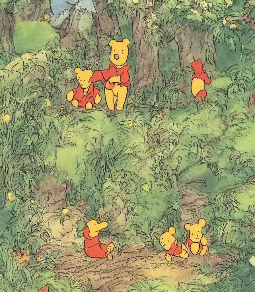 Prompt: a picture book illustration of a forest scene by a. a. milne featuring winnie the pooh and piglet