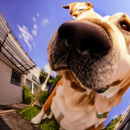 Prompt: Selfie of a dog, first-person view, fisheye lens, photorealistic imagery, trending on artstation, 4k, 8k