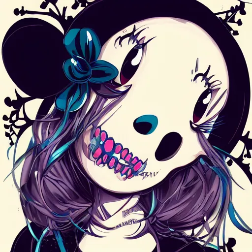 Image similar to anime manga skull portrait girl face minnie mouse detailed highres 4k Mucha and James Jean pop art nouveau