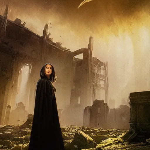 Image similar to a portrait of a young woman wearing a long dark cloak, performing on an various esoteric looking electronic music devices and an enormous modular synthesizer rig amidst the ruins of deserted and decaying city, oil painting, matte painting, Volumetric Golden dappled dynamic lighting, Highly Detailed, Cinematic Lighting, Unreal Engine, 8k, HD, by Beksinski