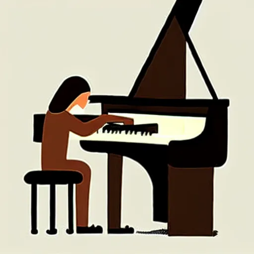 Prompt: a brown spaniel with a white chest , sat down playing a grand piano.modern. book illustration, lighting, sketched. Artwork. Jean Jullien dtyle