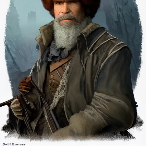 Image similar to an ultra detailed vector image of bob ross dressed as the hunter from bloodborne, concept art by alphonse mucha and greg rutkowski, praise the blood moon, octane render, liminal space