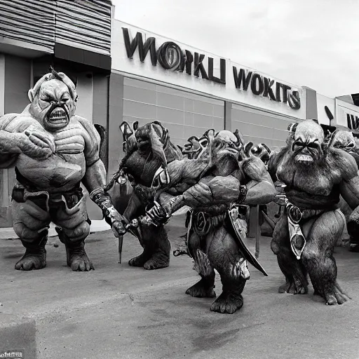 Image similar to orcs standing outside of a Walmart, protesting the working conditions, High detail, 1998