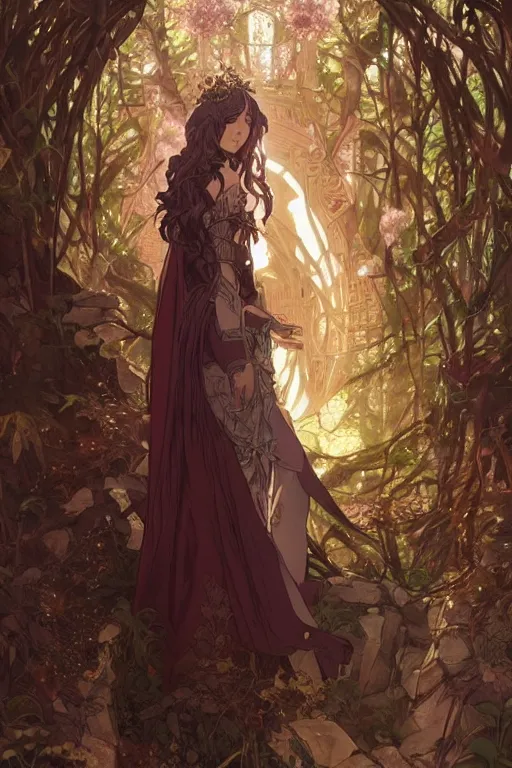 Image similar to anime key visual of amora the enchantress wearing a medieval gown!! intricate, magical forest, stunning, highly detailed, digital painting, artstation, smooth, hard focus, illustration, art by artgerm and greg rutkowski and alphonse mucha