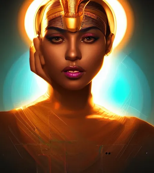 Image similar to symmetry!! egyptian princess of technology, solid cube of light, hard edges, product render retro - futuristic poster scifi, lasers and neon circuits, beautiful brown skin woman egyptian princess, intricate, elegant, highly detailed, digital painting, artstation, concept art, smooth, sharp focus, illustration, dreamlike, art by artgerm