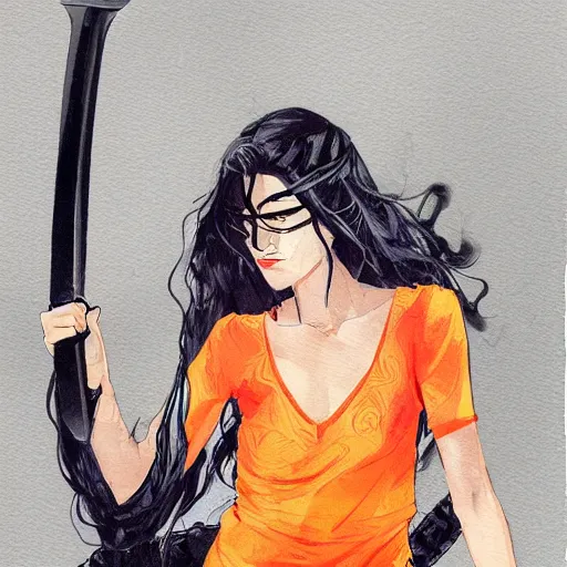 Image similar to stylized portrait of woman with long black frizzy hair wielding a neon katana by Dustin Nguyen, artstation, professionally illustrated