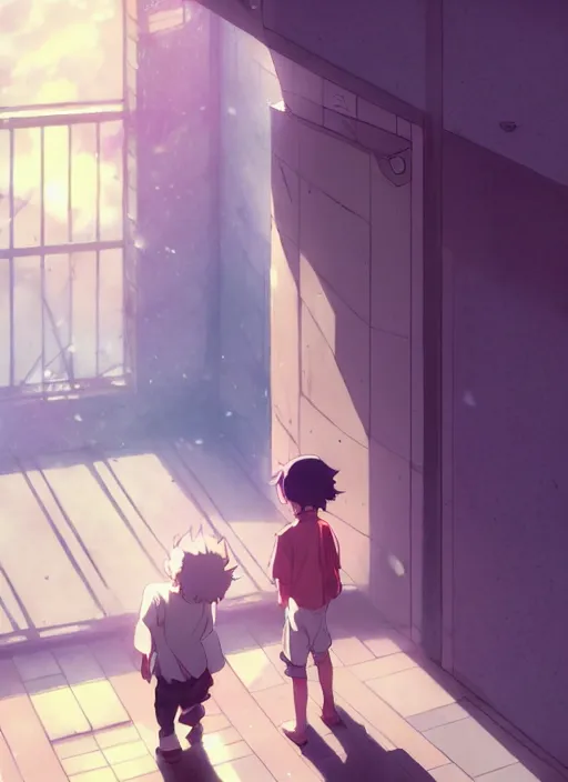 Prompt: boy on ground waving to a pretty girl on the 2 nd floor, illustration concept art anime key visual trending pixiv fanbox by wlop and greg rutkowski and makoto shinkai and studio ghibli