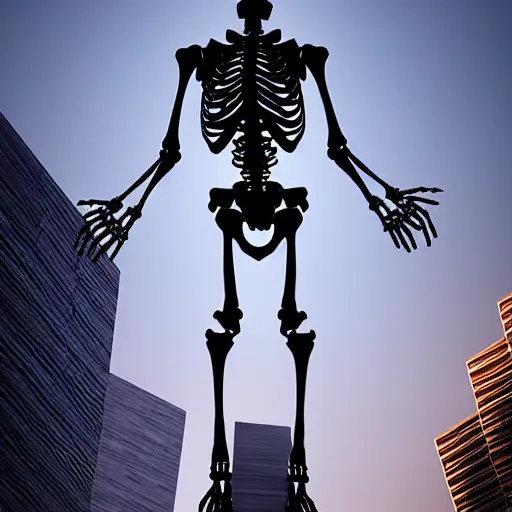 Prompt: giant human skeleton climbing the side of a skyscraper, 4 k, volumetric lighting, epic scale, photograph