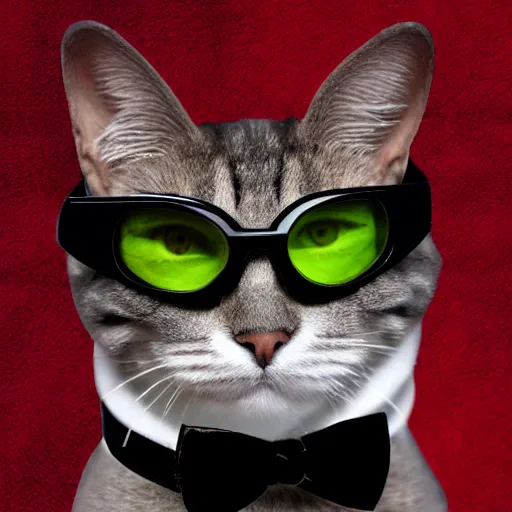 Prompt: sapphire cat wearing black goggles and red bow tie