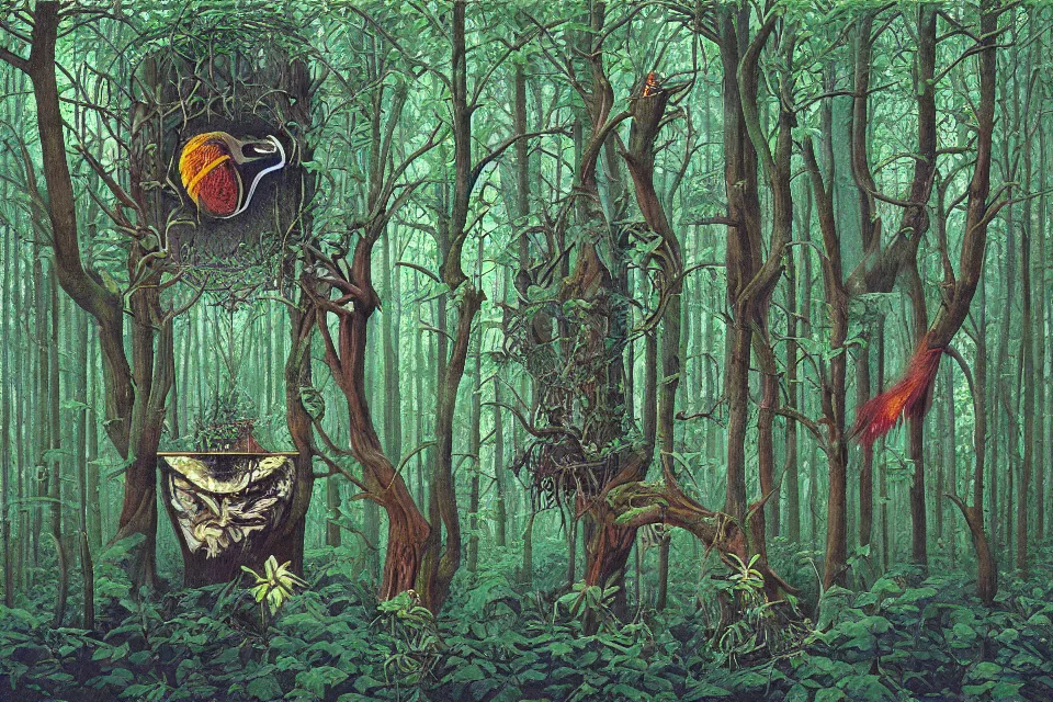 Prompt: anamorphic surrealist graffiti of a forest, by birdo, alex maksiov and john pugh