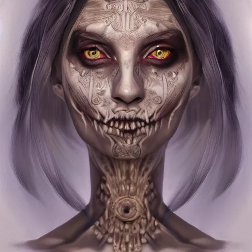 Image similar to A very detailed horrifying portrait painting of the princess of darkness, inverted skin colors, occult, 8k, trending on artstation cgsociety, masterpiece, in the style of DiscoDiffusion.