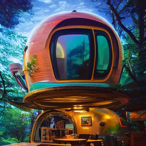 Prompt: futuristic cyberpunk airstream treehouse with tiki accents, funky, groovy, fine art, digital painting, velvet art, atmospheric lighting, center focus, hyperdetailed, photorealistic, 8k, high resolution, velvia, velvety, vibrant and rich colors, insanely detailed and intricate, ray tracing, award winning, featured in artstation, greg rutkowski, beeple, octane render