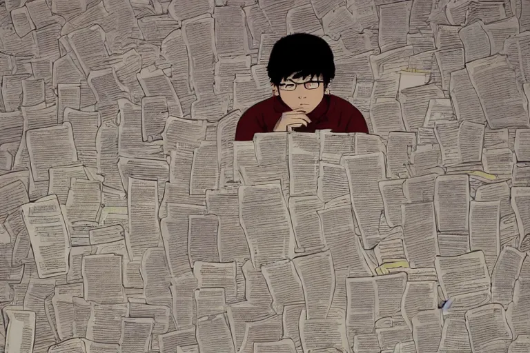 Image similar to a student reading all the human knowledge made to date with papers going towards the horizon, katsuhiro otomo