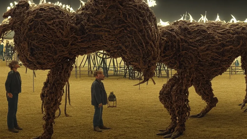 Prompt: the strange creature at the county fair that hid at night, made of metal, film still from the movie directed by Denis Villeneuve with art direction by Salvador Dalí, long lens