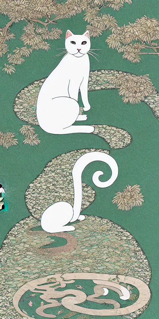 Prompt: white cat in center of an ancient japanese garden, in the style of victo ngai, animal portrait