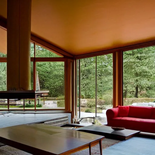 Image similar to in ground living room, mid century, fireplace, big windows, frank lloyd wright