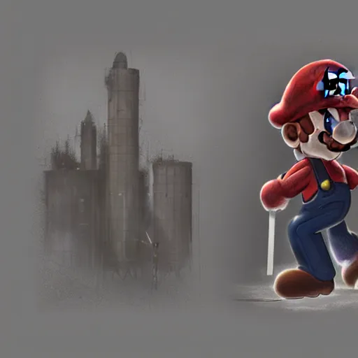 Image similar to concept art of mario from super mario bros lost in silent hill, resident evil, horror, occult, terror, mist, volumetric render, digital painting, detailed painting