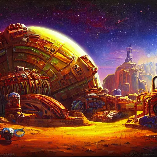 Image similar to spaceport orbiting ancient post - apocalyptic planet, jim henson creature shop, vivid and colorful, thomas kincaid, cinematic, oil painting, highly detailed, illustration