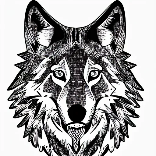 Image similar to tattoo stencil. pencil line drawing, black and white vector, wolf, photoshop