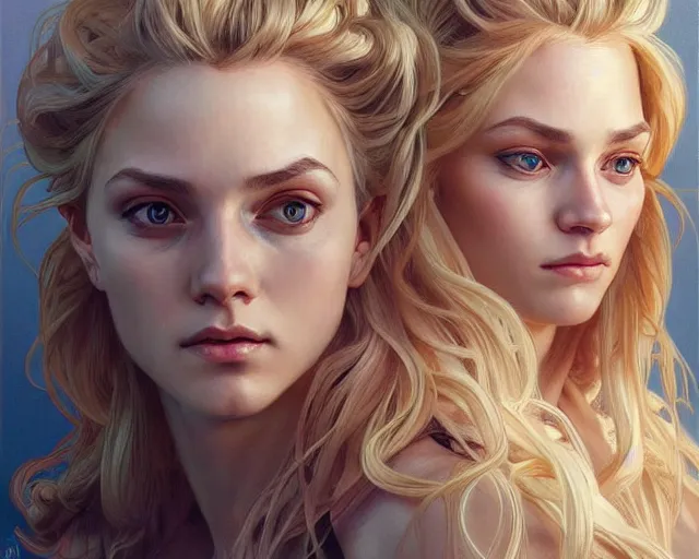 Image similar to portrait of blonde girl with mutiple heads, jump suit, vivid eyes, real life skin, intricate, elegant, highly detailed, artstation, concept art, smooth, sharp focus, art by artgerm and greg rutkowski and alphonse mucha