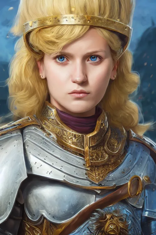 Prompt: highly detailed full body portrait painting of a proud young female knight in the style of Warhammer Fantasy by Artgerm and Arian Mark, medium length blonde hair, blue eyes, golden earrings, no helmet, low angle shot, highly detailed, trending on artstation, cgsociety, 4k, 8k, HDR, octane render, unreal engine