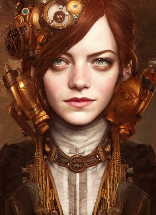 Image similar to steampunk portrait of emma stone as emma watson, hyper detailed, digital art, cinematic lighting, studio quality, smooth render, unreal engine 5, octane rendered, art style by klimt and nixeu and ian sprigger and wlop and krenz cushart.