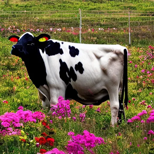 Prompt: a little cow in a field surrounded by flowers, tilt shift photo