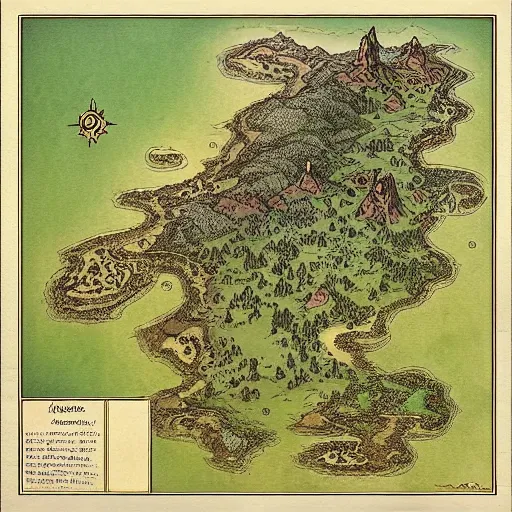 Image similar to an isometric fantasy map, simple, uncluttered, minimal, the land of Odrua, continent with mountains lakes hills and cities, by brian froud by jrr tolkien