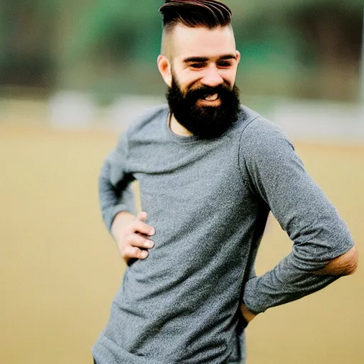 Image similar to realistic photoshoot for a new soccer player, bearded, short hair, brown eyes, maniacal smile, color film photography, portrait of a beautiful person, in style of Campbell Addy, 35mm