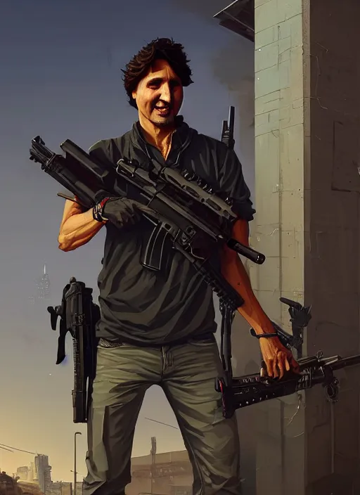 Image similar to highly detailed portrait justin trudeau in street gang attire holding ar - 1 5! in gta v stephen bliss unreal engine fantasy art by greg rutkowski loish rhads ferdinand knab makoto shinkai lois van baarle ilya kuvshinov rossdraws tom bagshaw global illumination radiant light detailed intricate environment