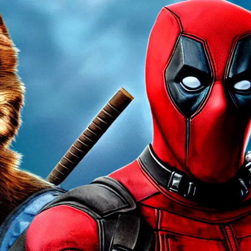 Image similar to deadpool and rocket raccoon together digital art 4 k detailed super realistic