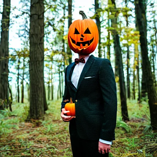 Prompt: man in strict suit with pumpkin mask, Halloween pumpkin, forest background, on plain, bloody knife in right hand, some blood on body, full body, extremely detailed, sharp focus, professional photographer, professional model