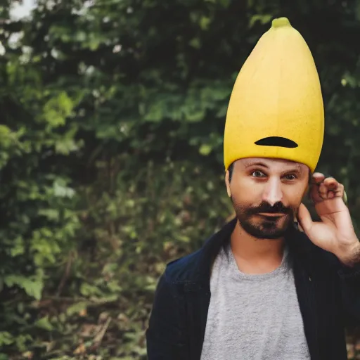 Prompt: photo of a man wearing a banana hat