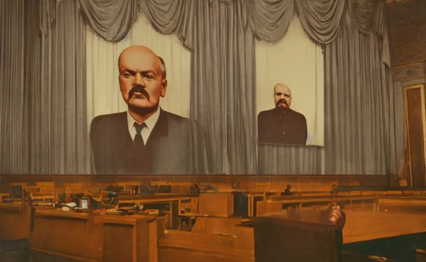 Prompt: 60s movie still of a stalinist style parlement with a giant portrait of Vladimir Lenin, by Irving Penn , cinestill 800t 35mm eastmancolor, heavy grainy picture, very detailed, high quality, 4k, HD criterion, precise texture
