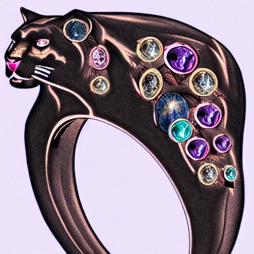 Prompt: sketch of four points of view of a complex ring with a complex cameo ornament of a panther, technical sketch, rose gold, gems, high coloration, ambient lightning, highly detailed, 8 k