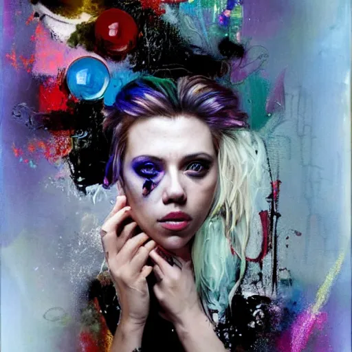 Prompt: drunken scarlett johansson as delirium from sandman, ( hallucinating colorful soap bubbles ), by jeremy mann, by sandra chevrier, by dave mckean and richard avedon and maciej kuciara, punk rock, tank girl, high detailed, 8 k