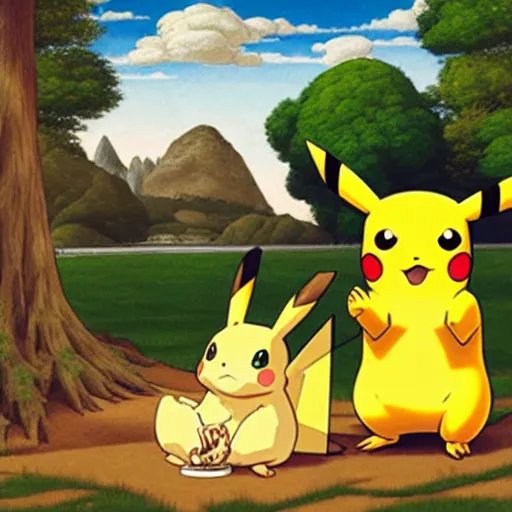 Prompt: pikachu and glumanda are sitting in a park and smoking weed. they are both high, their eyes are red. The mood is friendly and welcoming. highly detailed, digital painting, artstation, concept art, sharp focus, illustration, art by Sandro Botticelli and Michelangelo and leonardo da vinci