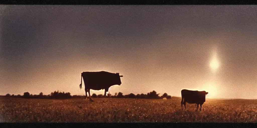 Image similar to detailed medium format photo, polaroid still from tarkovsky movie, a ufo beaming up a cow, at dusk near a small farmhouse, haze, high production value, intricate details, 8 k resolution, hyperrealistic, hdr, photorealistic, high definition, tehnicolor, award - winning photography, masterpiece, amazing colors