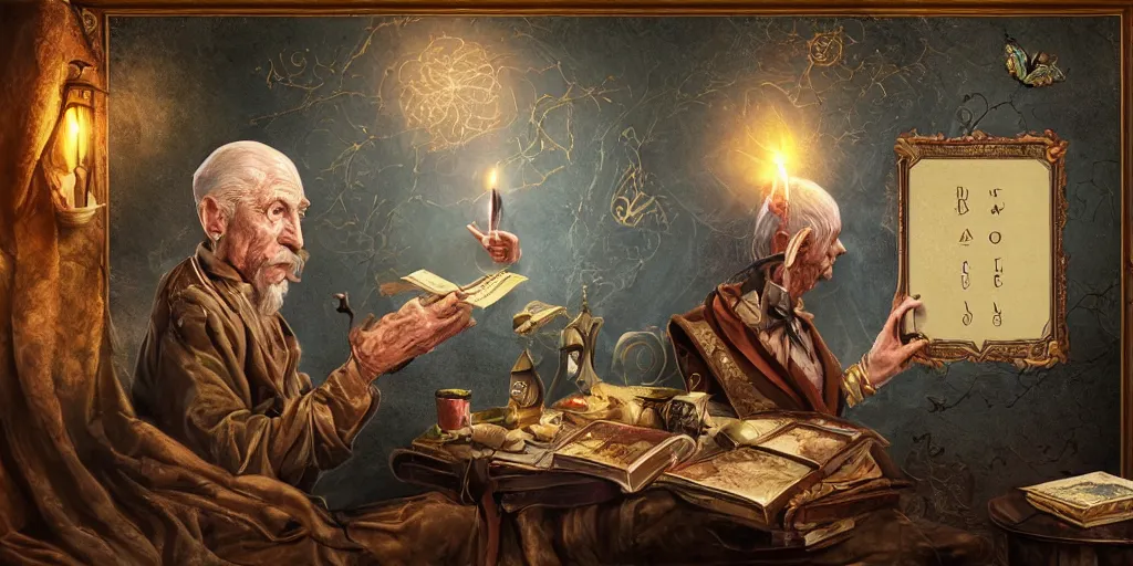 Image similar to wizened aristocrat examining the mysteries of tarot cards on a magical blackboard, background is magical blackboard with chalk,, fantasy art, matte painting, high quality, digital painting, artwork by tony sart